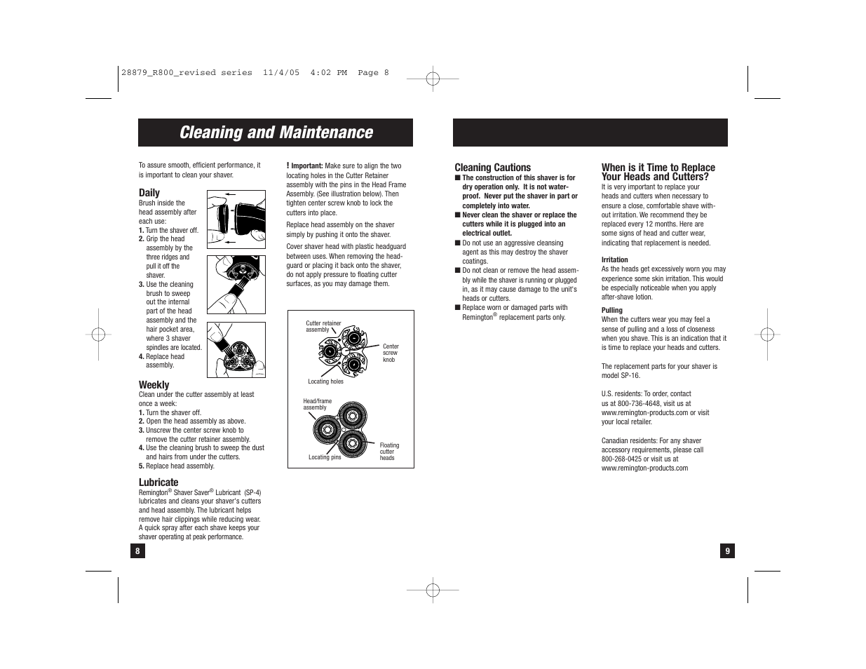 Cleaning and maintenance, Daily, Weekly | Lubricate, Cleaning cautions, When is it time to replace your heads and cutters | Remington MC R-835 User Manual | Page 5 / 7