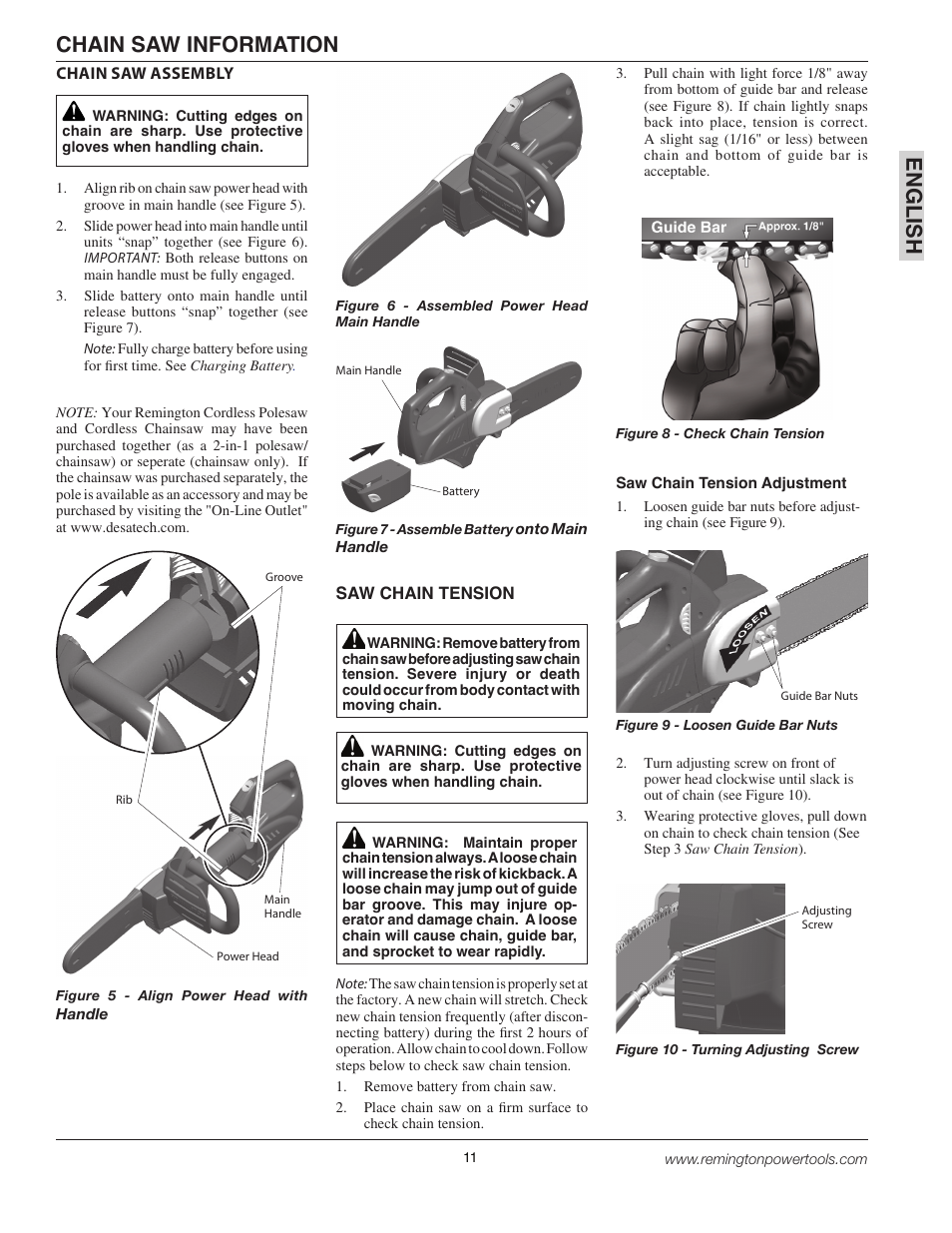 En gli s h, Chain saw information | Remington BPS188A User Manual | Page 11 / 48