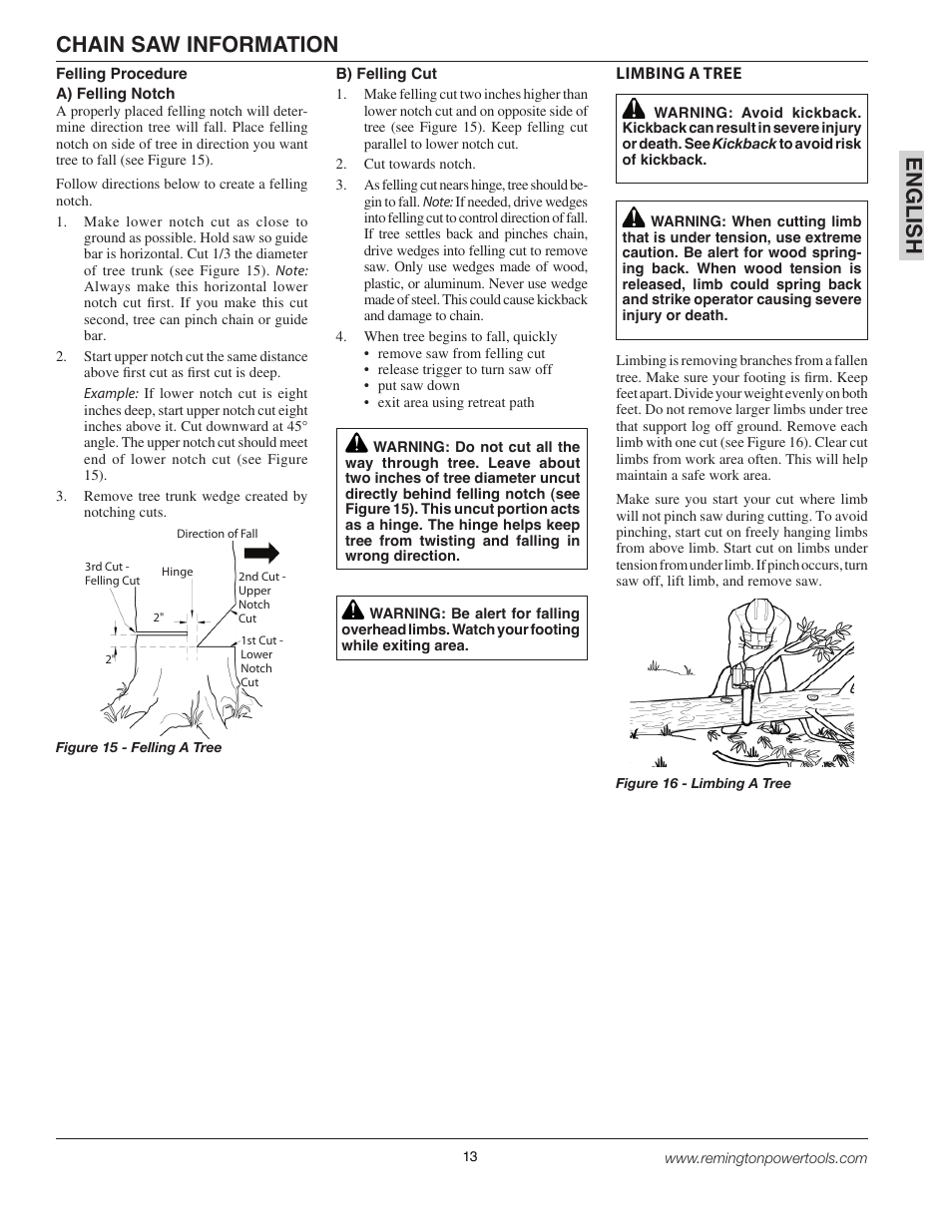 En gli s h, Chain saw information | Remington BPS188A User Manual | Page 13 / 48