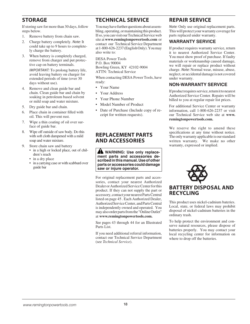 Storage battery disposal and recycling | Remington BPS188A User Manual | Page 18 / 48