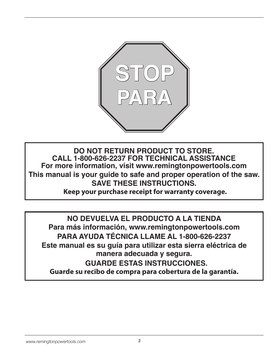 Stop, Para | Remington BPS188A User Manual | Page 2 / 48