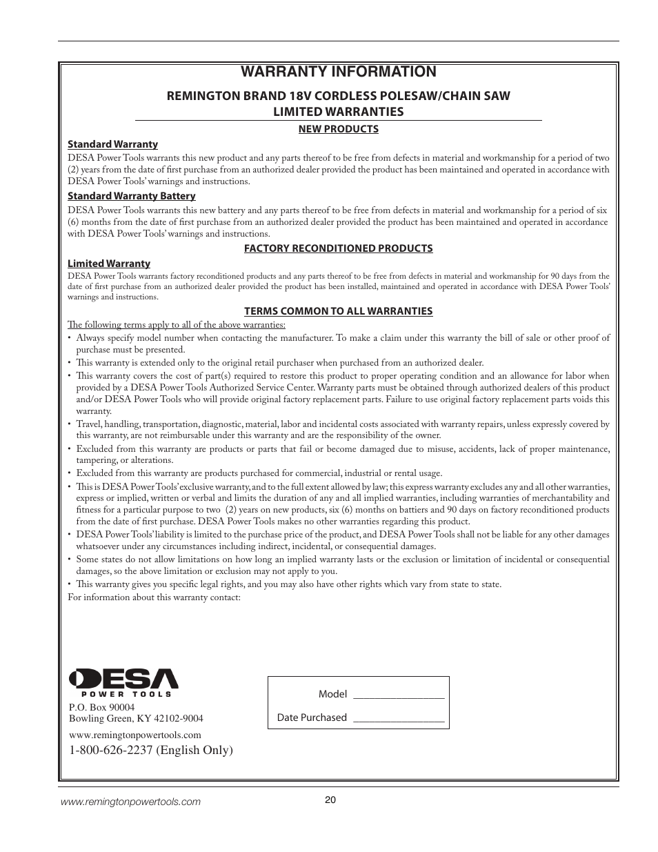 Warranty information | Remington BPS188A User Manual | Page 20 / 48