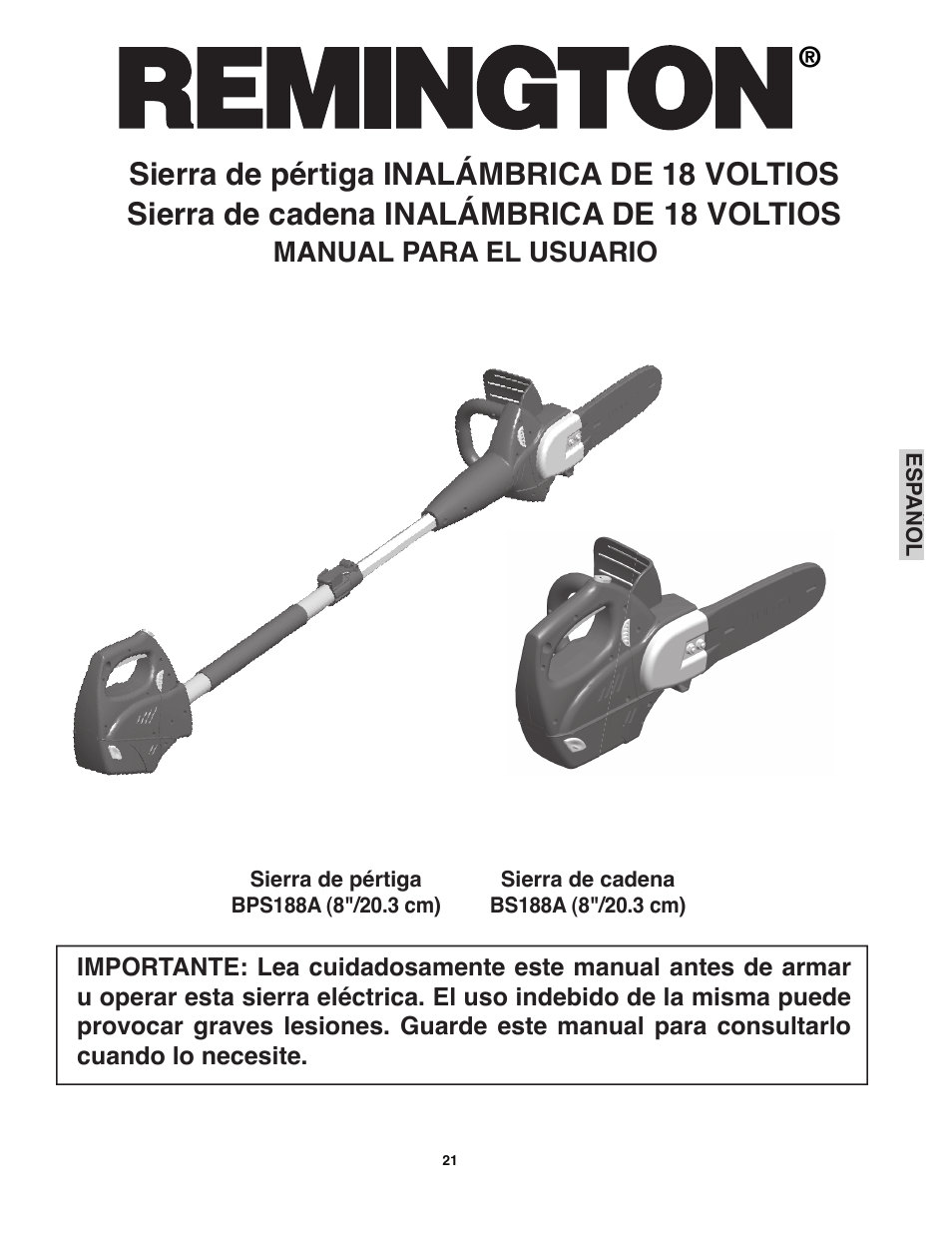 Manual para el usuario | Remington BPS188A User Manual | Page 21 / 48