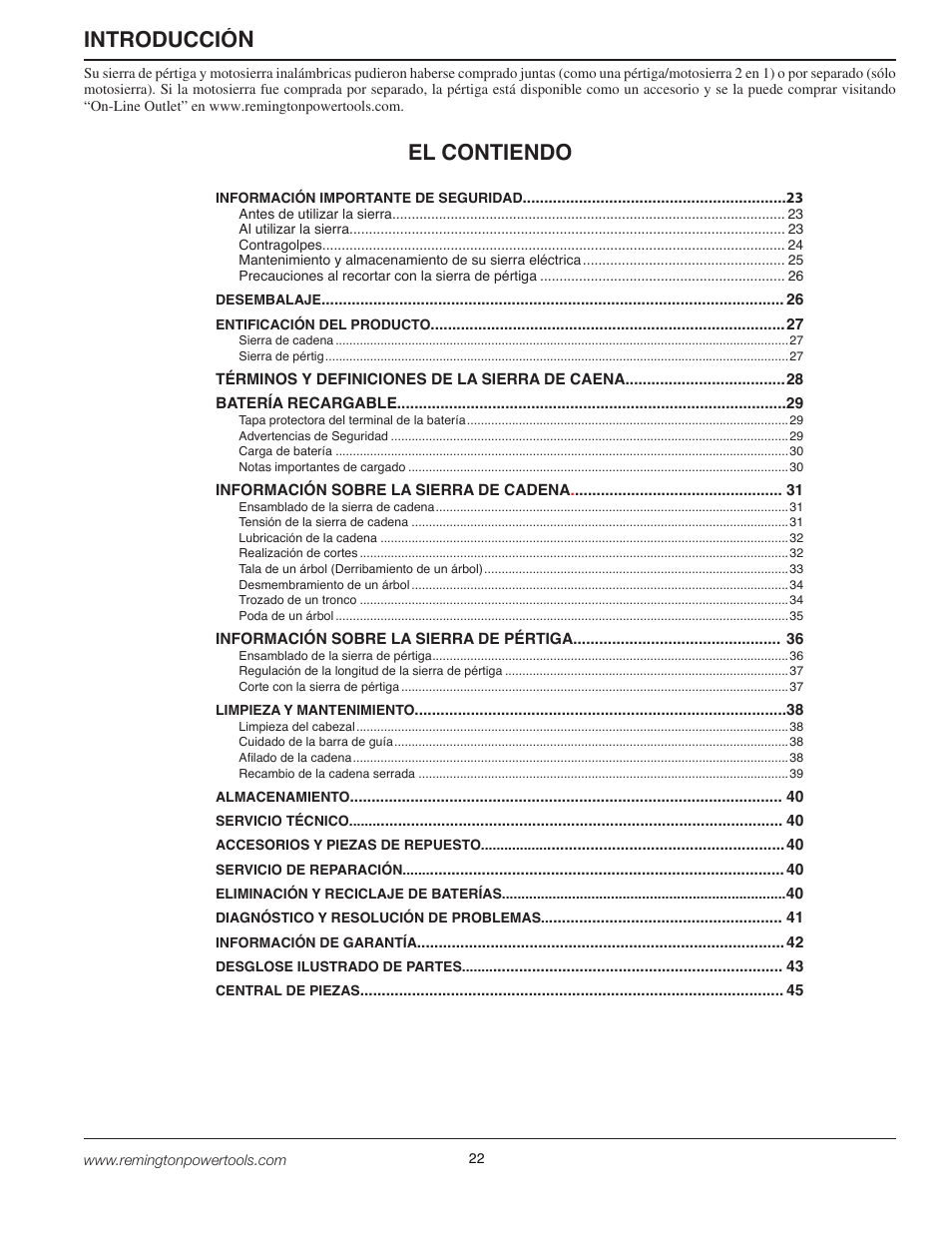 Introducción el contiendo | Remington BPS188A User Manual | Page 22 / 48