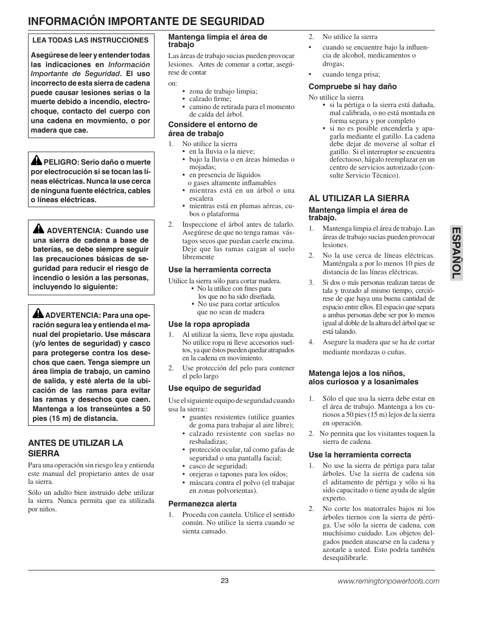 Esp a ñol, Información importante de seguridad | Remington BPS188A User Manual | Page 23 / 48