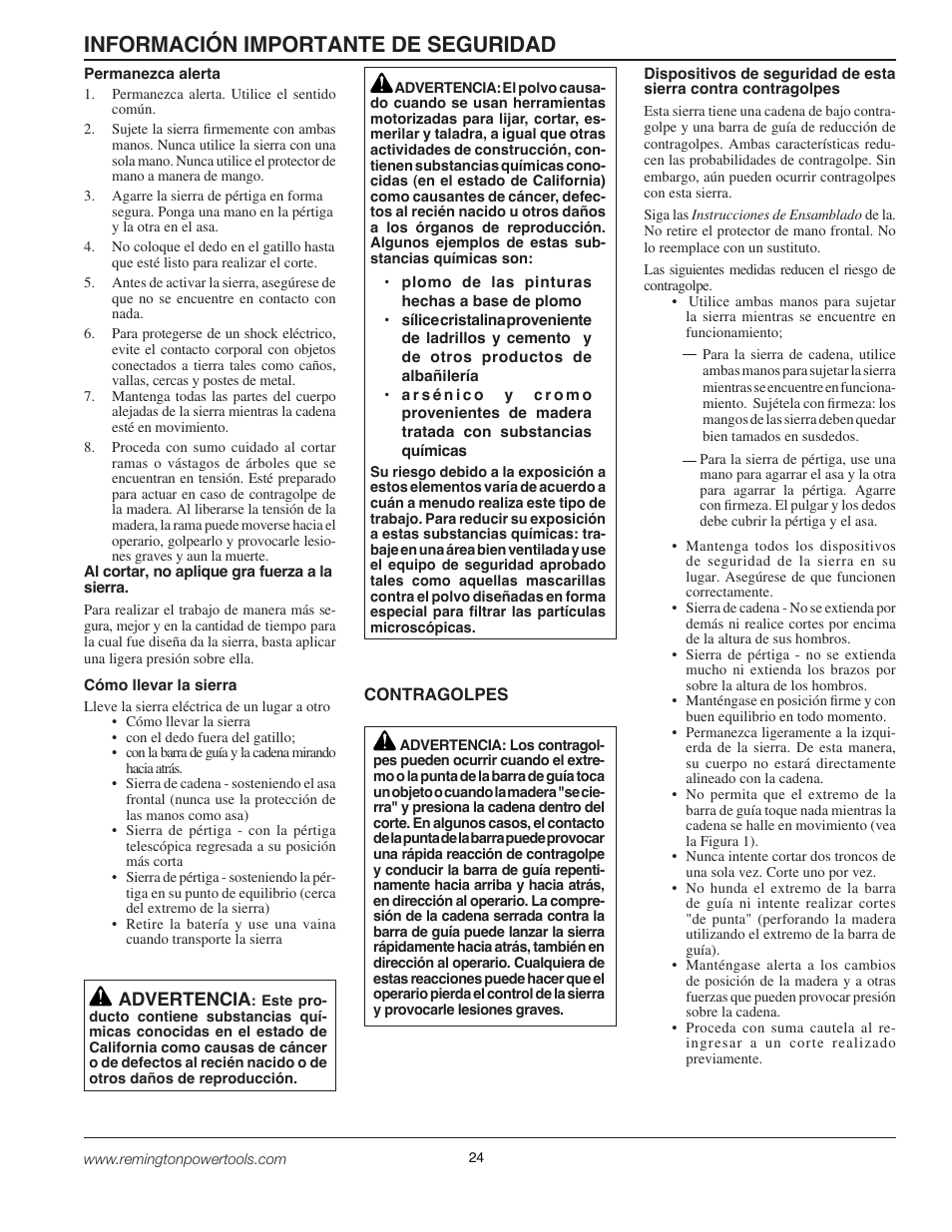 Información importante de seguridad, Advertencia | Remington BPS188A User Manual | Page 24 / 48