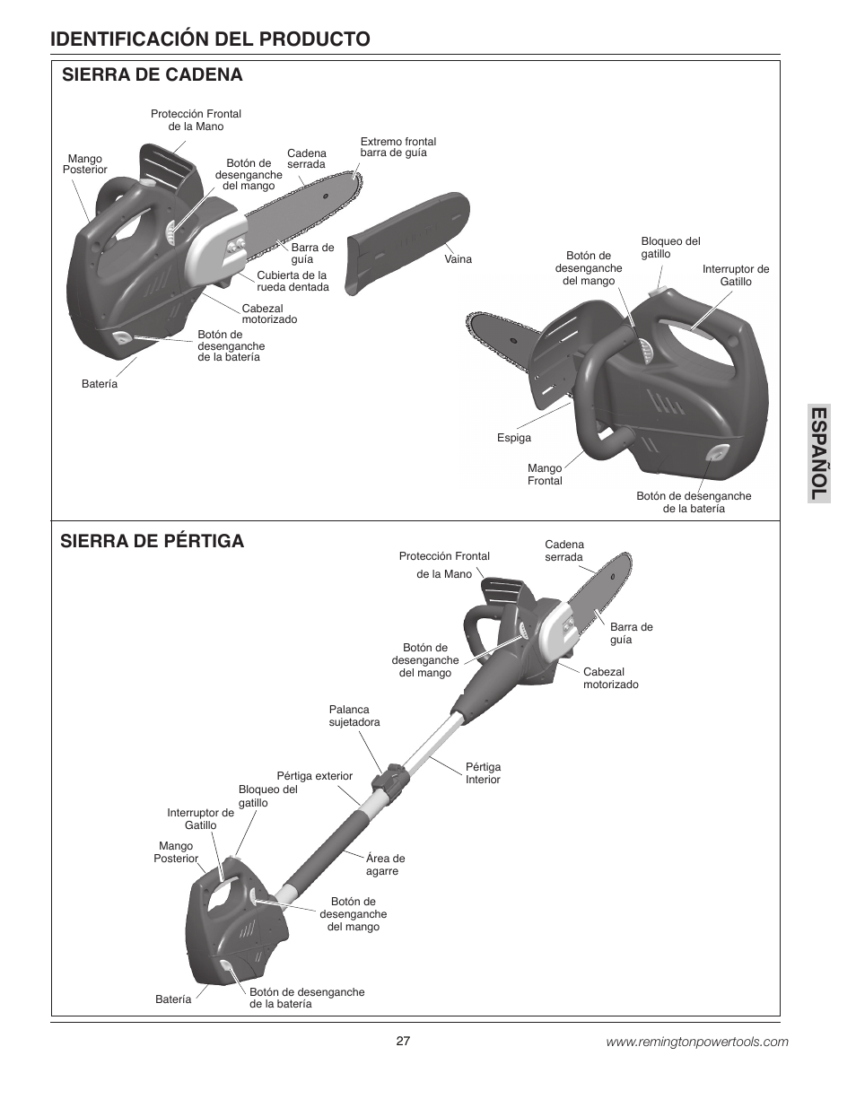 Esp a ñol, Identificación del producto, Sierra de pértiga | Sierra de cadena | Remington BPS188A User Manual | Page 27 / 48