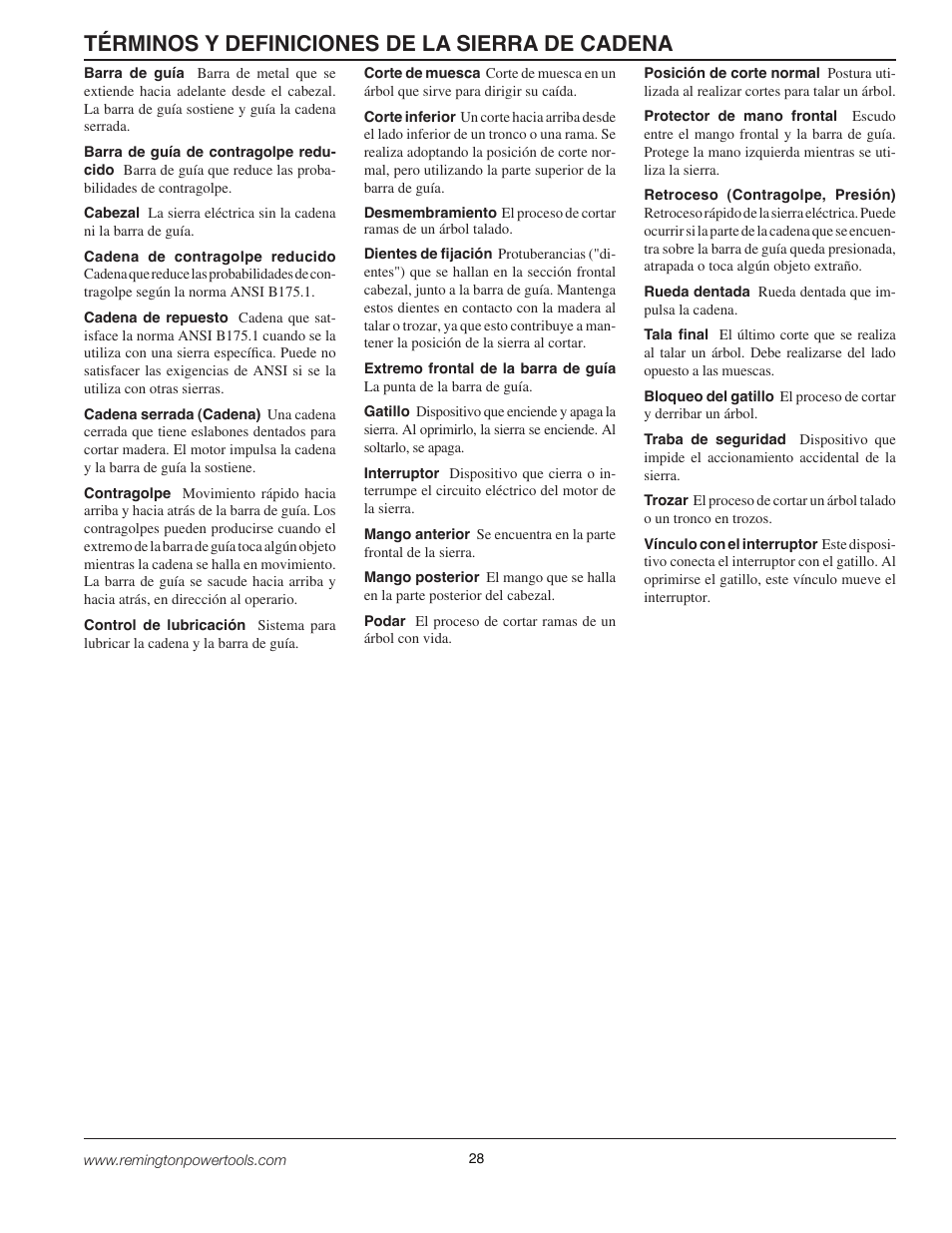 Términos y definiciones de la sierra de cadena | Remington BPS188A User Manual | Page 28 / 48