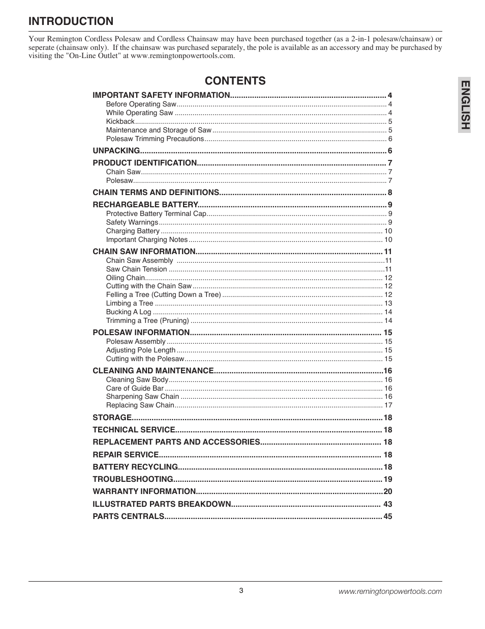 En gli s h, Introduction contents | Remington BPS188A User Manual | Page 3 / 48