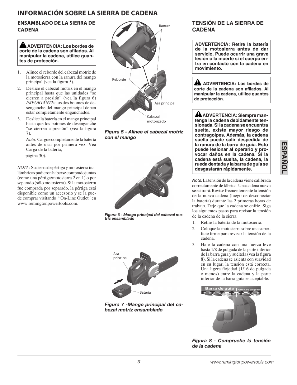 Esp a ñol, Información sobre la sierra de cadena | Remington BPS188A User Manual | Page 31 / 48