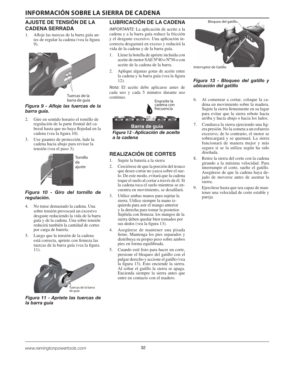 Información sobre la sierra de cadena | Remington BPS188A User Manual | Page 32 / 48