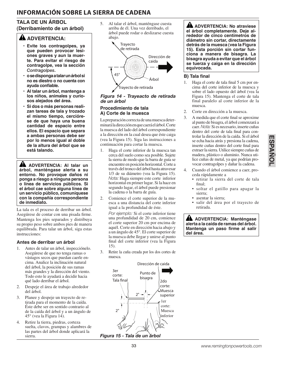 Esp a ñol, Información sobre la sierra de cadena | Remington BPS188A User Manual | Page 33 / 48