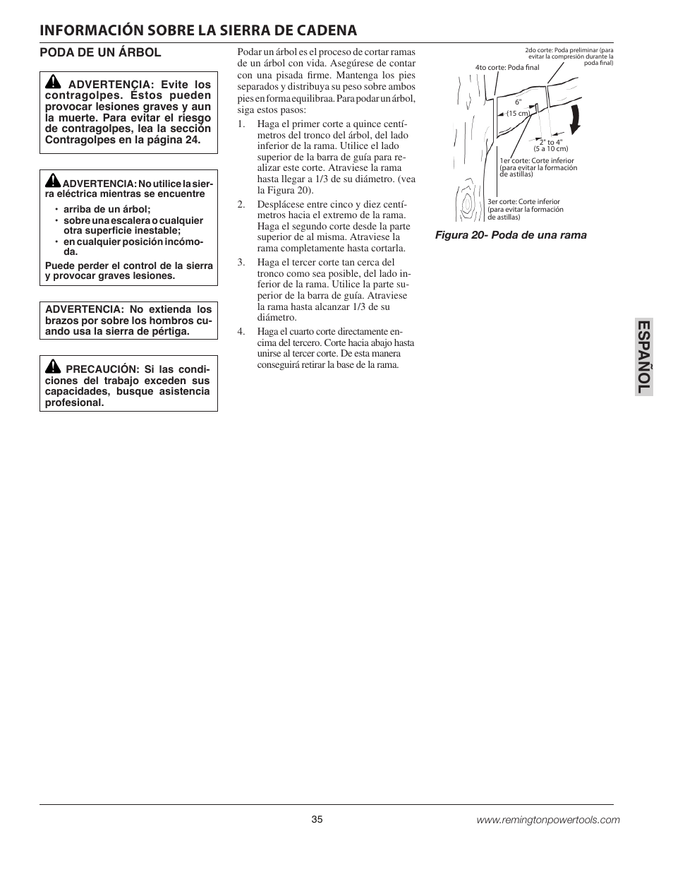 Esp a ñol, Información sobre la sierra de cadena | Remington BPS188A User Manual | Page 35 / 48