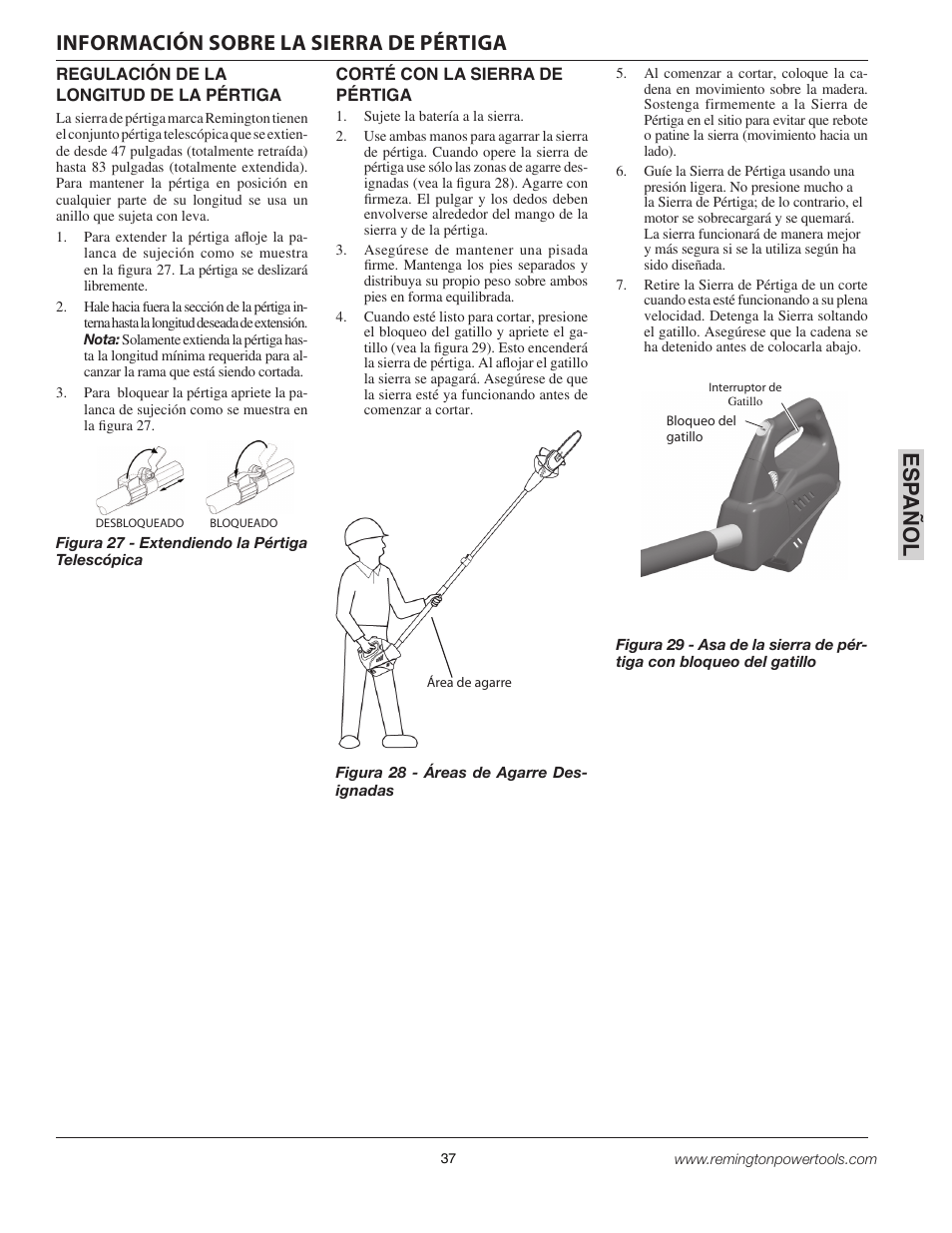 Esp a ñol, Información sobre la sierra de pértiga | Remington BPS188A User Manual | Page 37 / 48