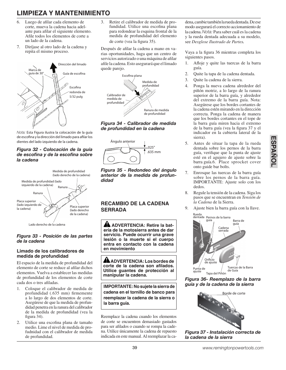 Esp a ñol, Limpieza y mantenimiento, Recambio de la cadena serrada | Remington BPS188A User Manual | Page 39 / 48