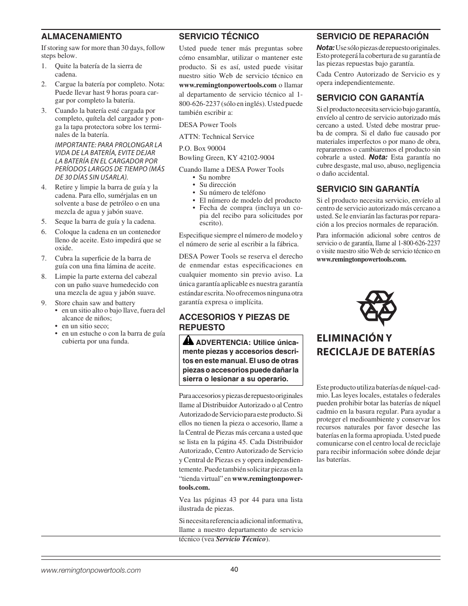 Eliminación y reciclaje de baterías | Remington BPS188A User Manual | Page 40 / 48