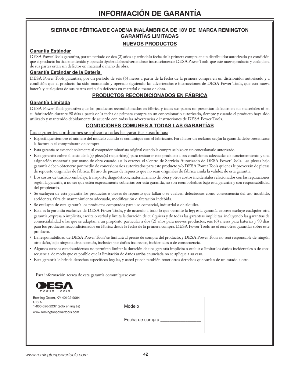 Información de garantía | Remington BPS188A User Manual | Page 42 / 48