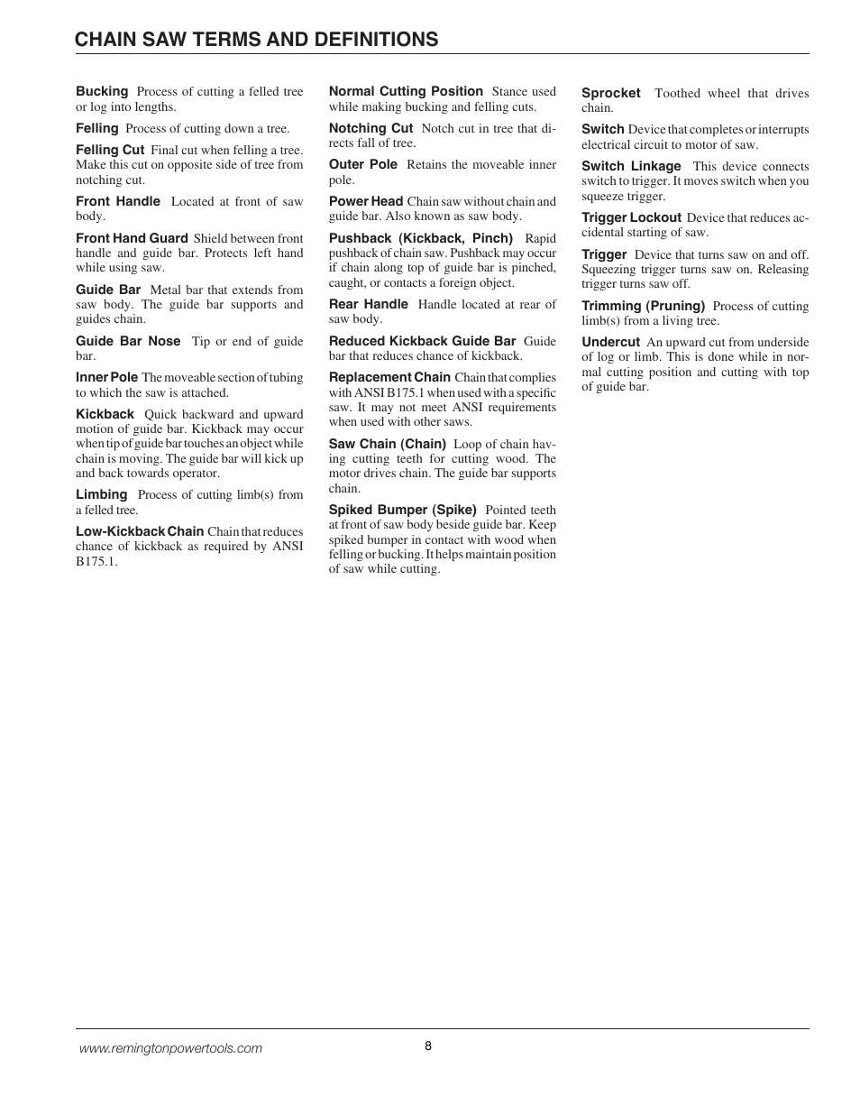 Chain saw terms and definitions | Remington BPS188A User Manual | Page 8 / 48