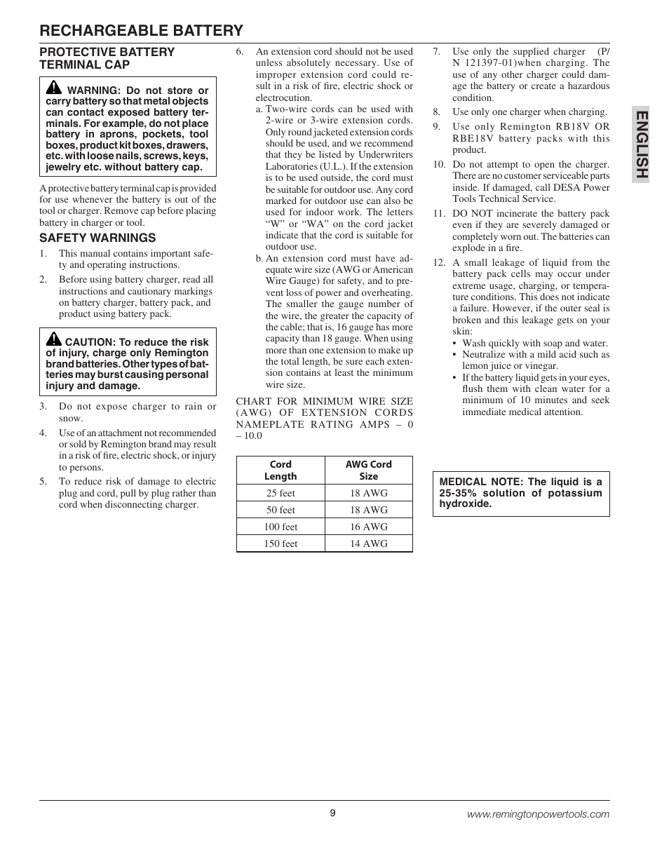 En gli s h, Rechargeable battery | Remington BPS188A User Manual | Page 9 / 48