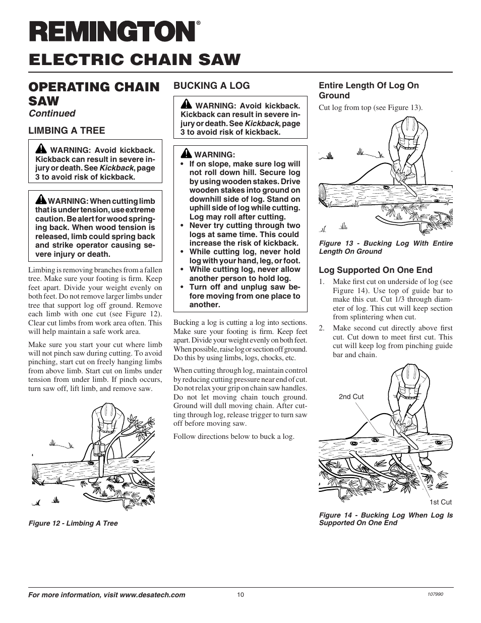 Electric chain saw, Operating chain saw, Continued | Remington LNT-2 EN User Manual | Page 10 / 24