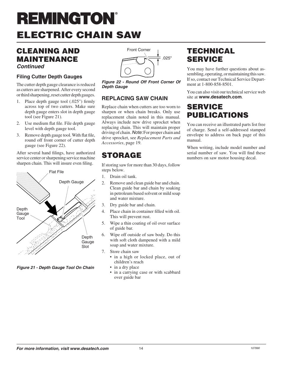 Electric chain saw, Cleaning and maintenance, Technical service | Service publications, Storage | Remington LNT-2 EN User Manual | Page 14 / 24