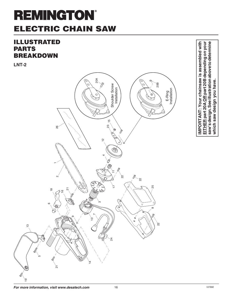 Electric chain saw, Illustrated parts breakdown, Lnt-2 | Remington LNT-2 EN User Manual | Page 16 / 24