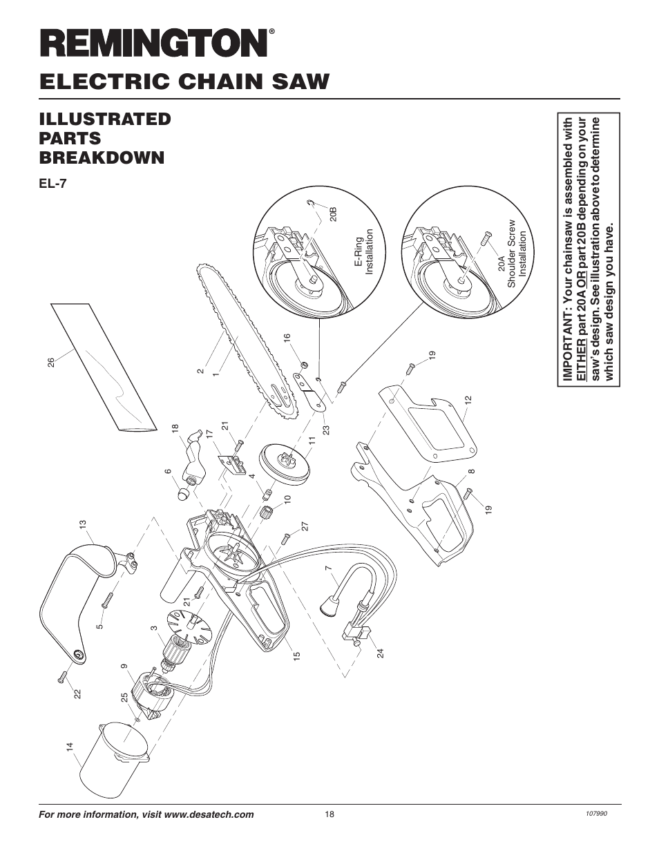 Electric chain saw, Illustrated parts breakdown, El-7 | Remington LNT-2 EN User Manual | Page 18 / 24