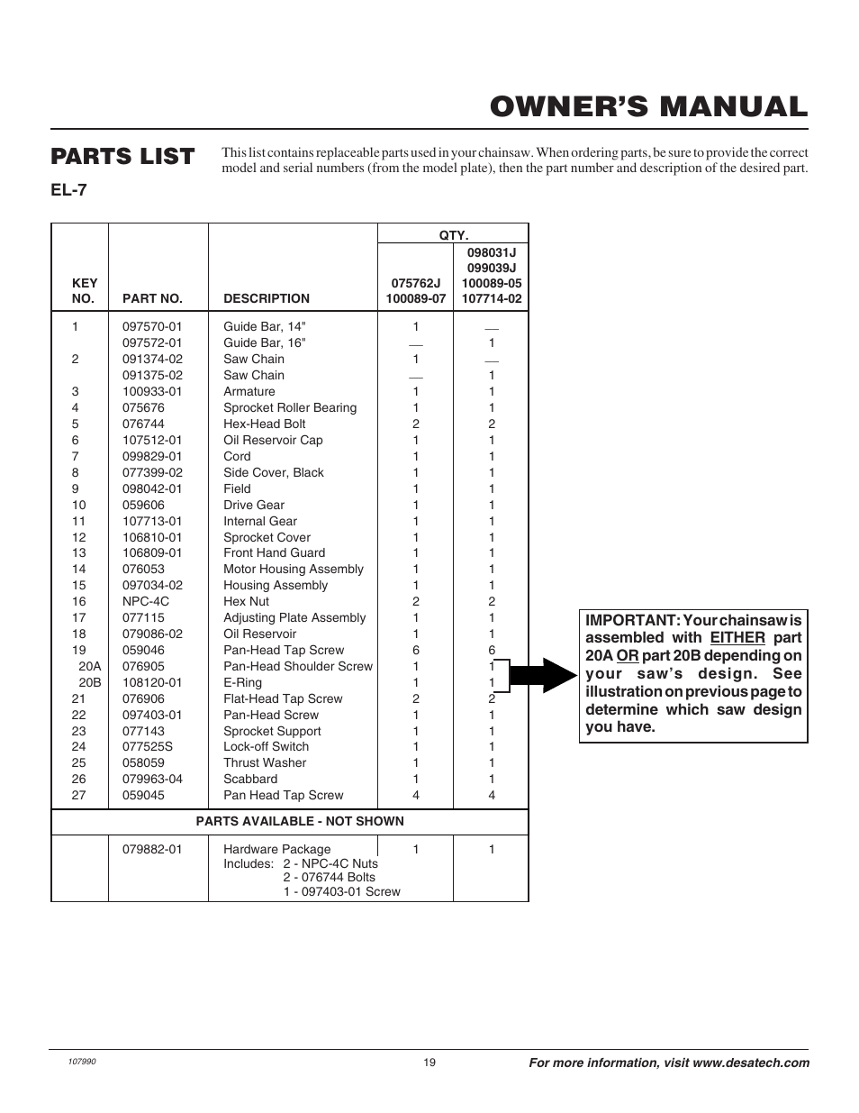 Owner’s manual, Parts list, El-7 | Remington LNT-2 EN User Manual | Page 19 / 24