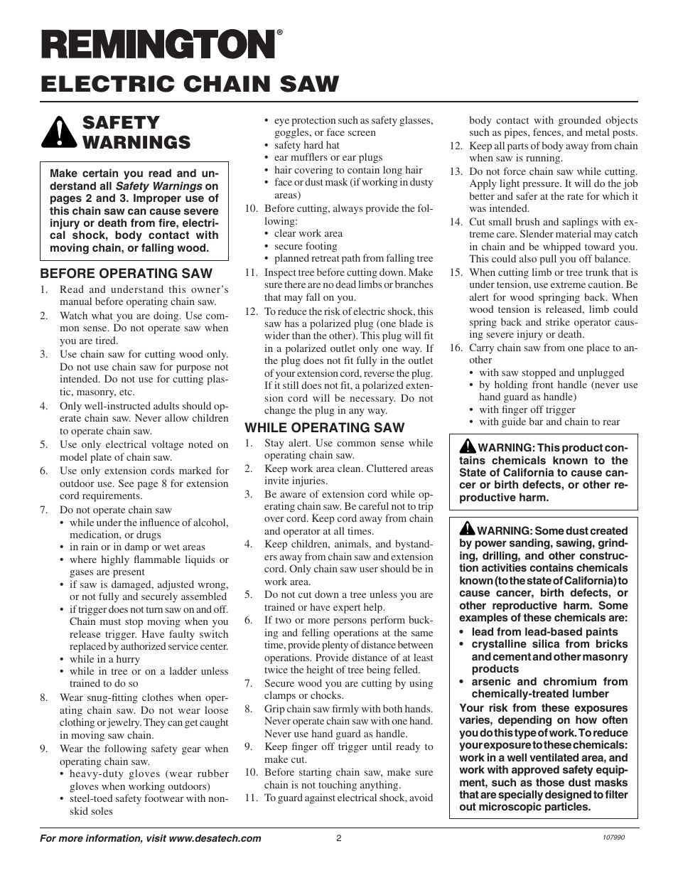 Electric chain saw, Safety warnings | Remington LNT-2 EN User Manual | Page 2 / 24