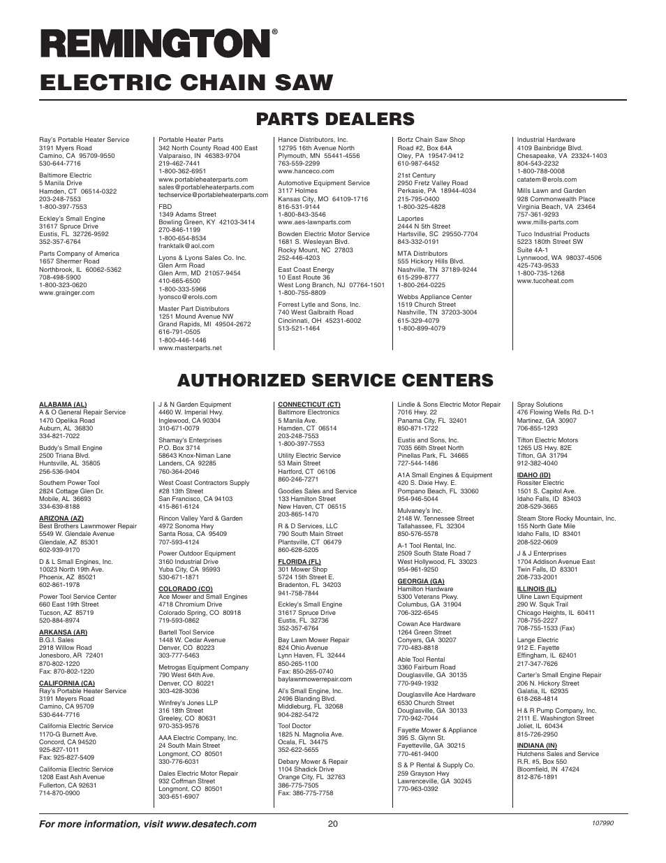 Electric chain saw, Authorized service centers parts dealers | Remington LNT-2 EN User Manual | Page 20 / 24