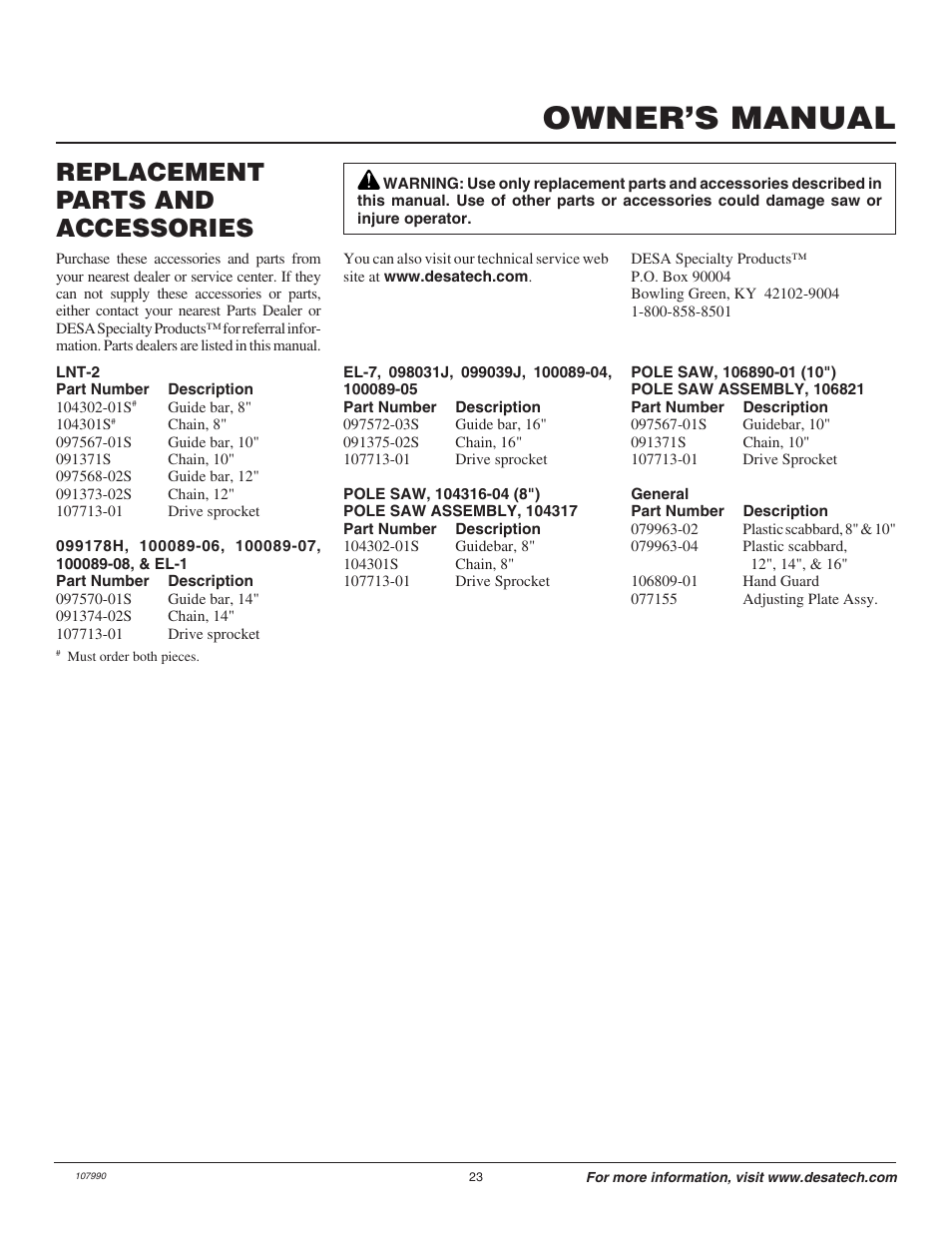 Owner’s manual, Replacement parts and accessories | Remington LNT-2 EN User Manual | Page 23 / 24