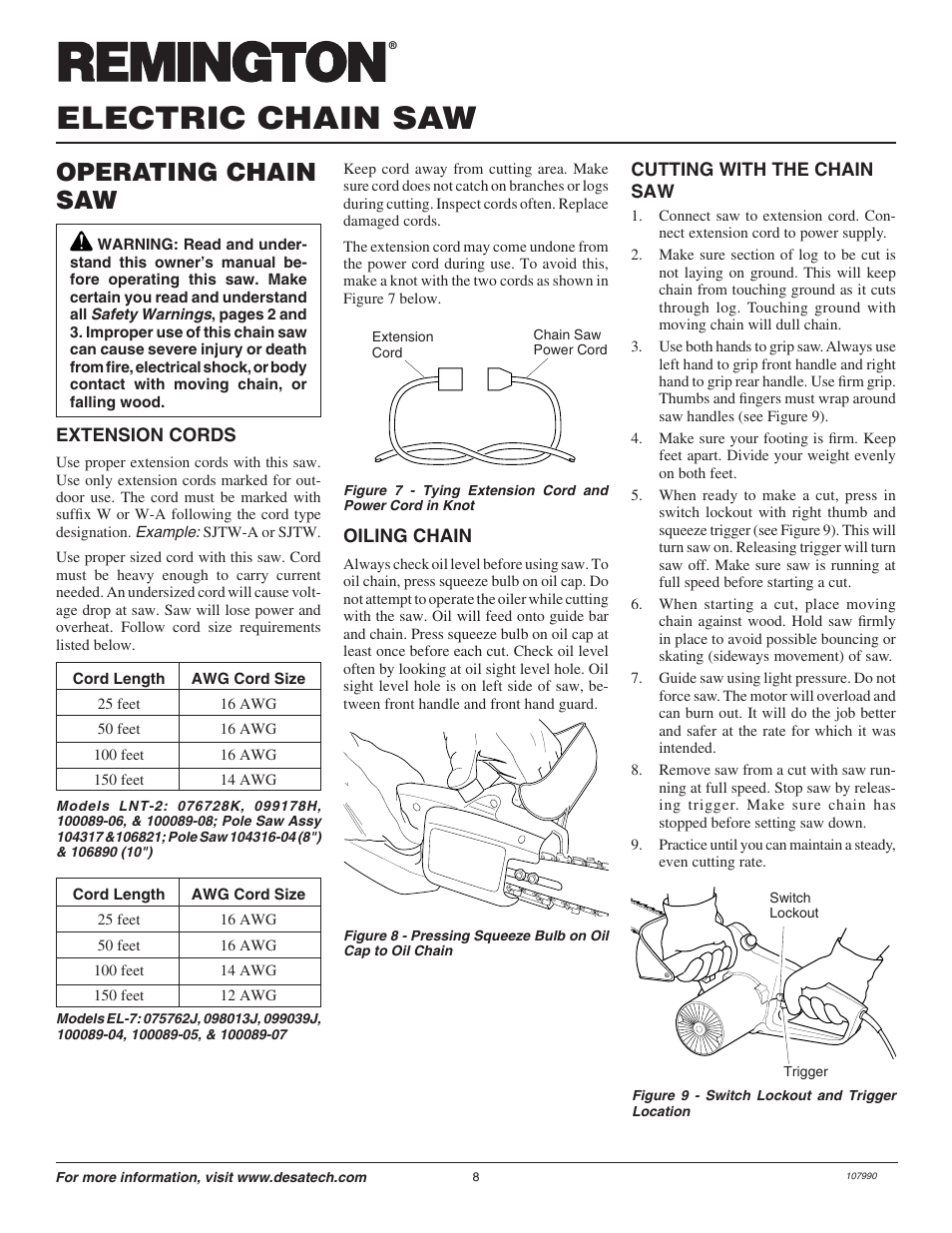 Electric chain saw, Operating chain saw | Remington LNT-2 EN User Manual | Page 8 / 24