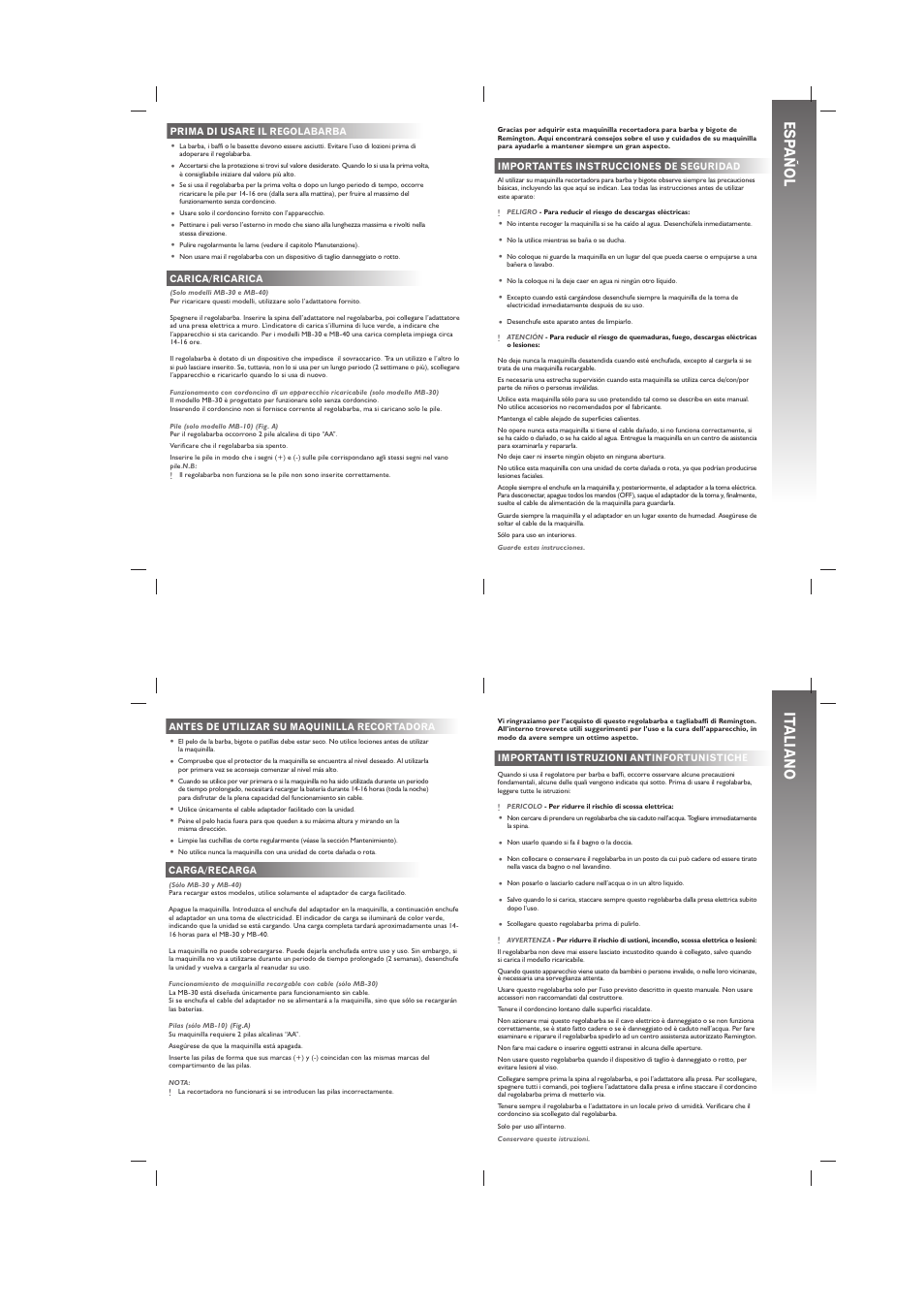 It aliano, Esp añol | Remington MB40 User Manual | Page 14 / 16