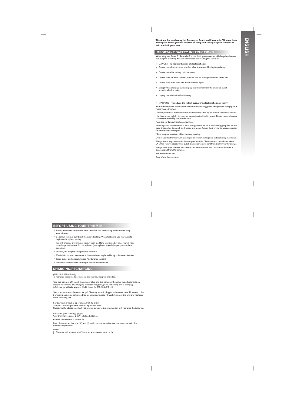 English | Remington MB40 User Manual | Page 2 / 16