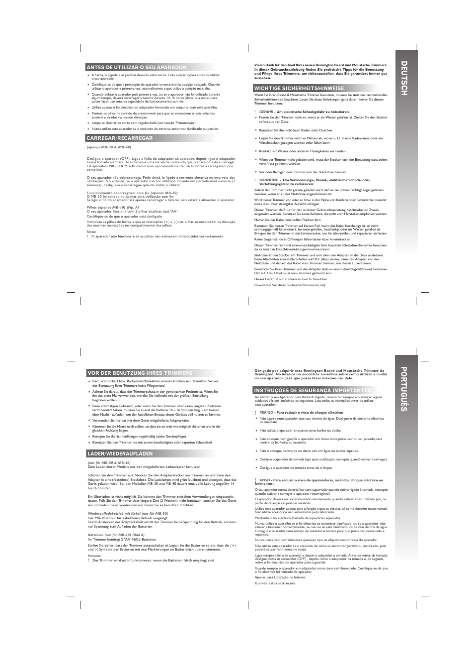 Deuts ch, Por tuguês | Remington MB40 User Manual | Page 5 / 16