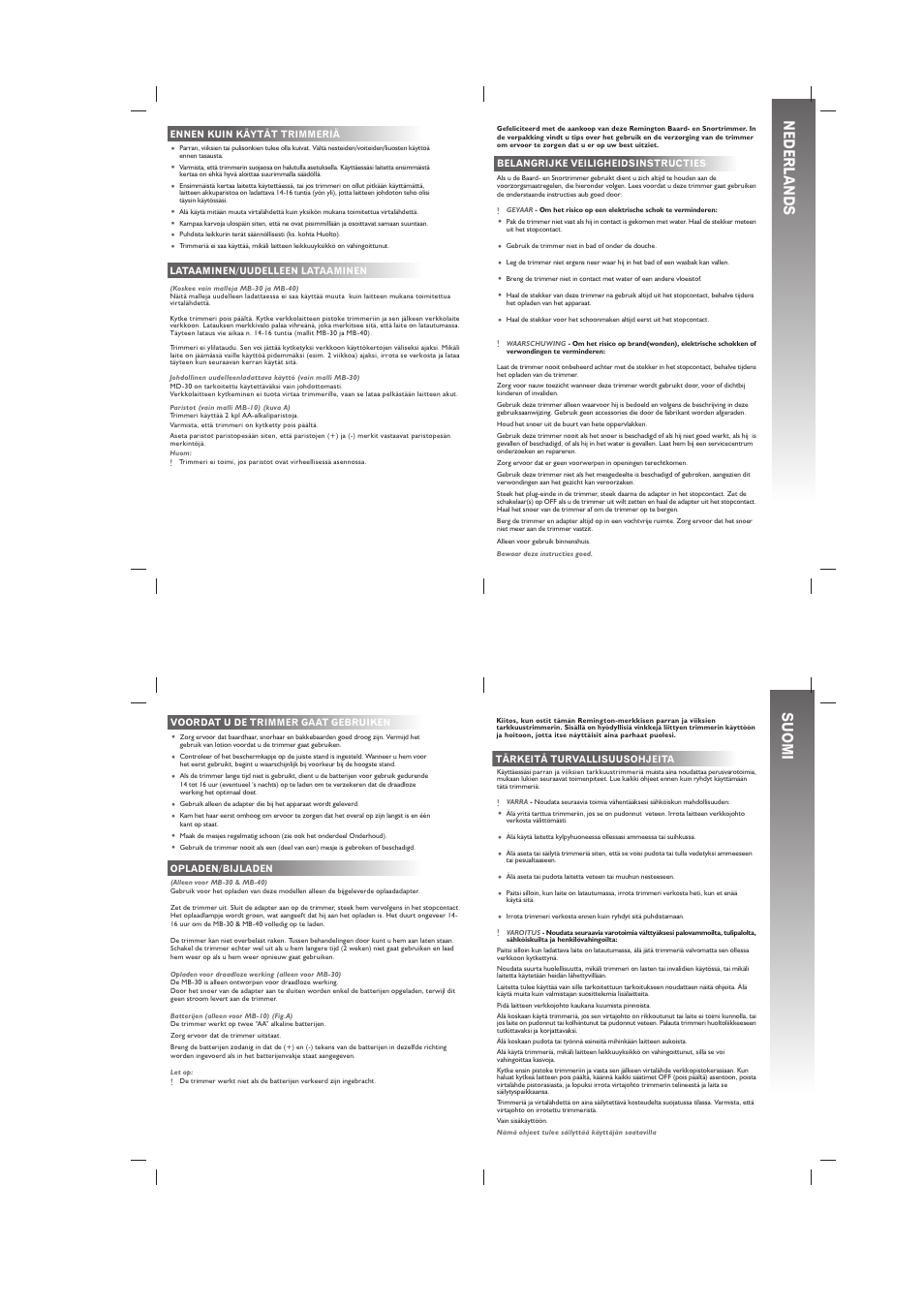 Nederl ands, Suomi | Remington MB40 User Manual | Page 8 / 16