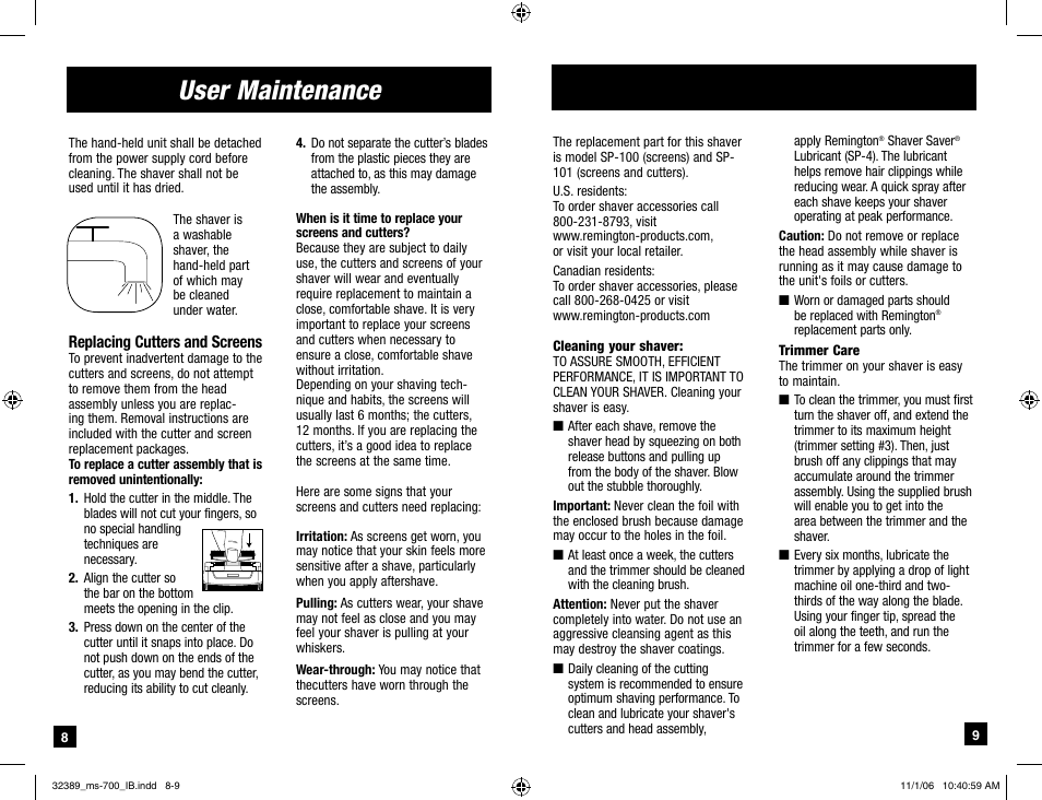 User maintenance | Remington TITANIUM PRO MS-700 User Manual | Page 5 / 6