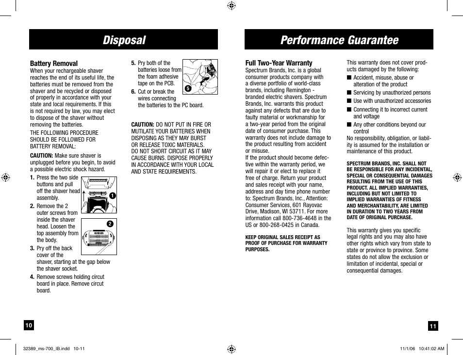 Performance guarantee, Disposal | Remington TITANIUM PRO MS-700 User Manual | Page 6 / 6