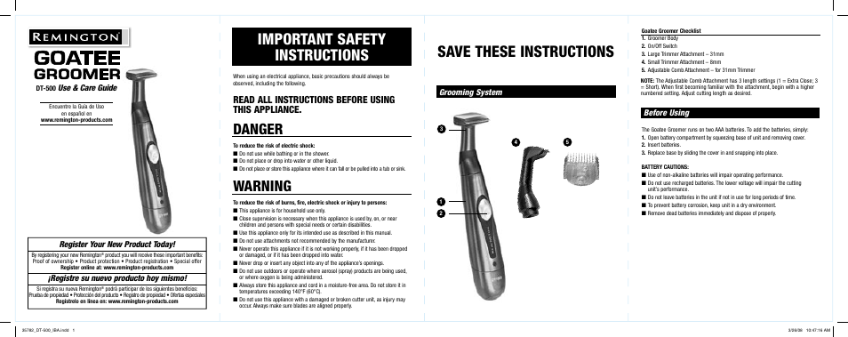 Remington DT-500 User Manual | 2 pages