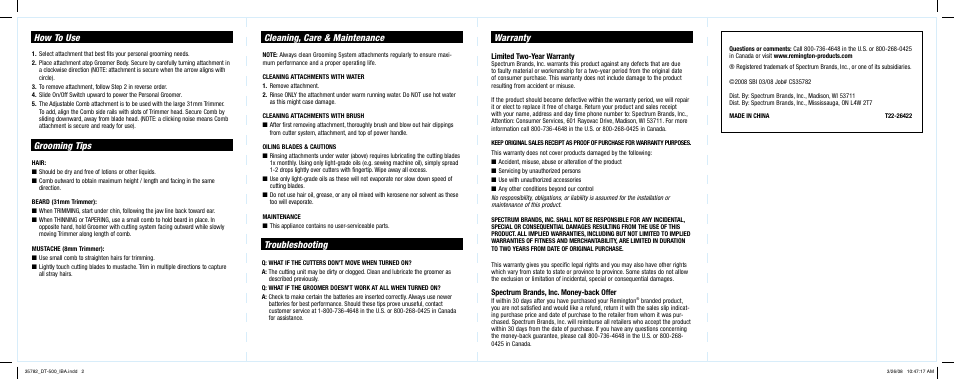 Warranty, Troubleshooting, Cleaning, care & maintenance | How to use, Grooming tips | Remington DT-500 User Manual | Page 2 / 2