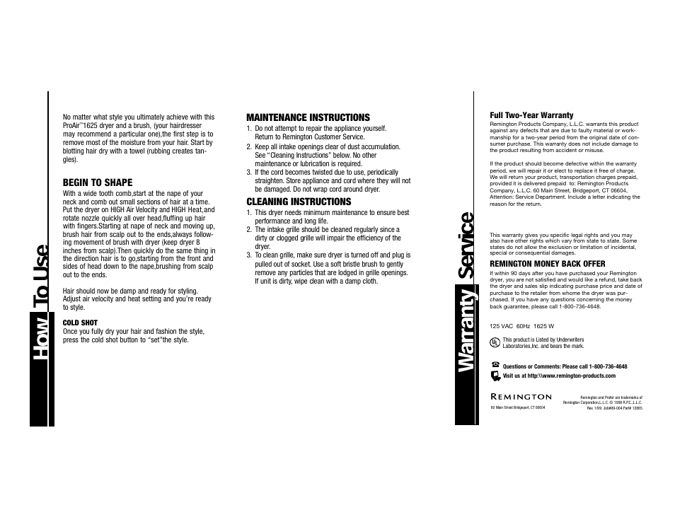 Begin to shape, Maintenance instructions, Cleaning instructions | Remington DC-1625 User Manual | Page 5 / 5