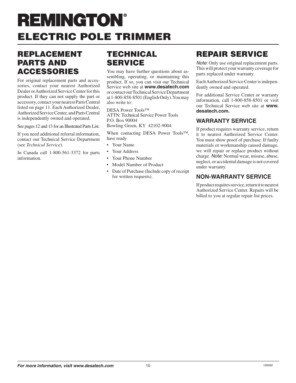 Electric pole trimmer, Repair service, Technical service | Replacement parts and accessories | Remington Axcess AT3017BCA User Manual | Page 10 / 44
