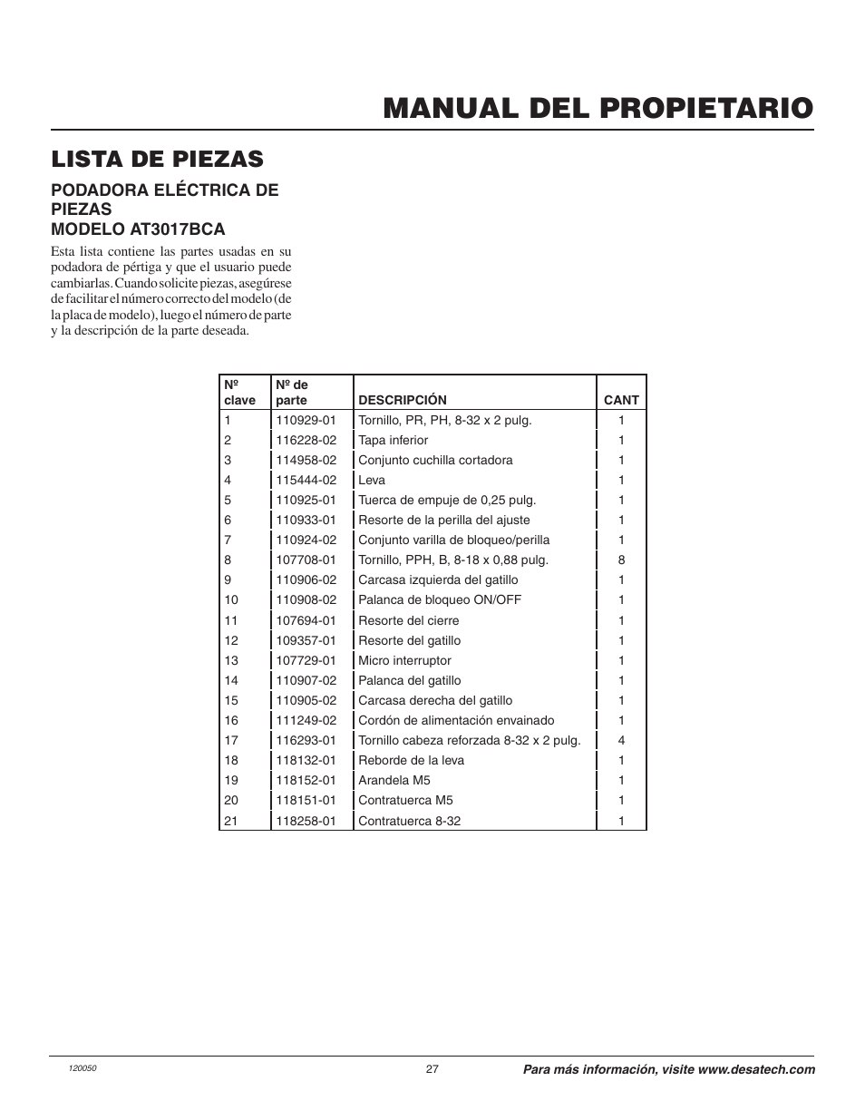 Manual del propietario, Lista de piezas, Podadora eléctrica de piezas modelo at3017bca | Remington Axcess AT3017BCA User Manual | Page 27 / 44