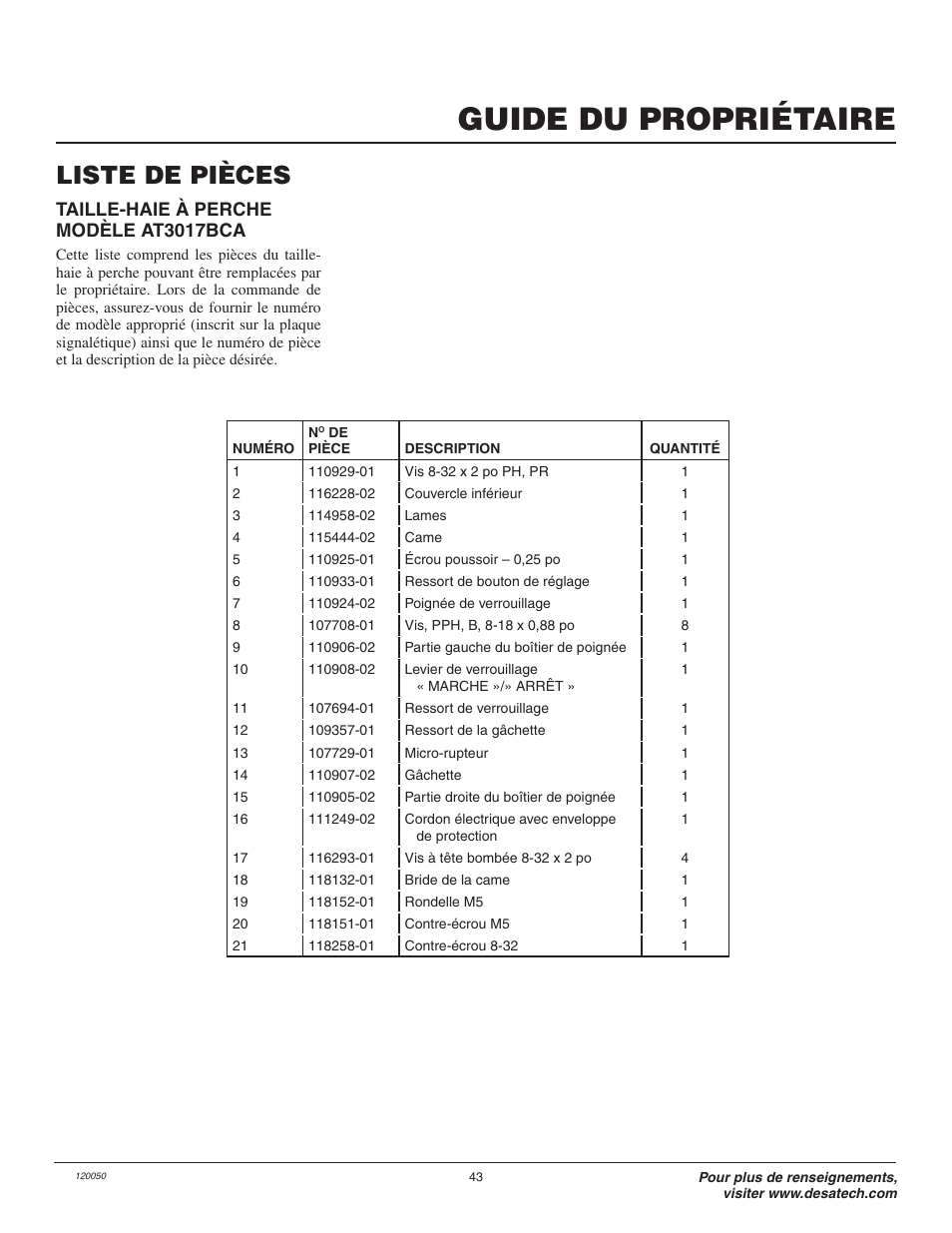Guide du propriétaire, Liste de pièces, Taille-haie à perche modèle at3017bca | Remington Axcess AT3017BCA User Manual | Page 43 / 44