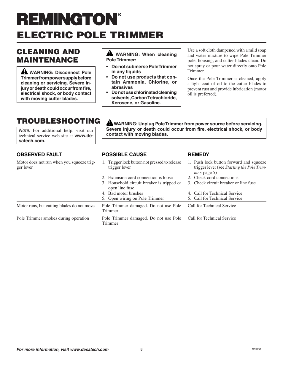 Electric pole trimmer, Cleaning and maintenance, Troubleshooting | Remington Axcess AT3017BCA User Manual | Page 8 / 44