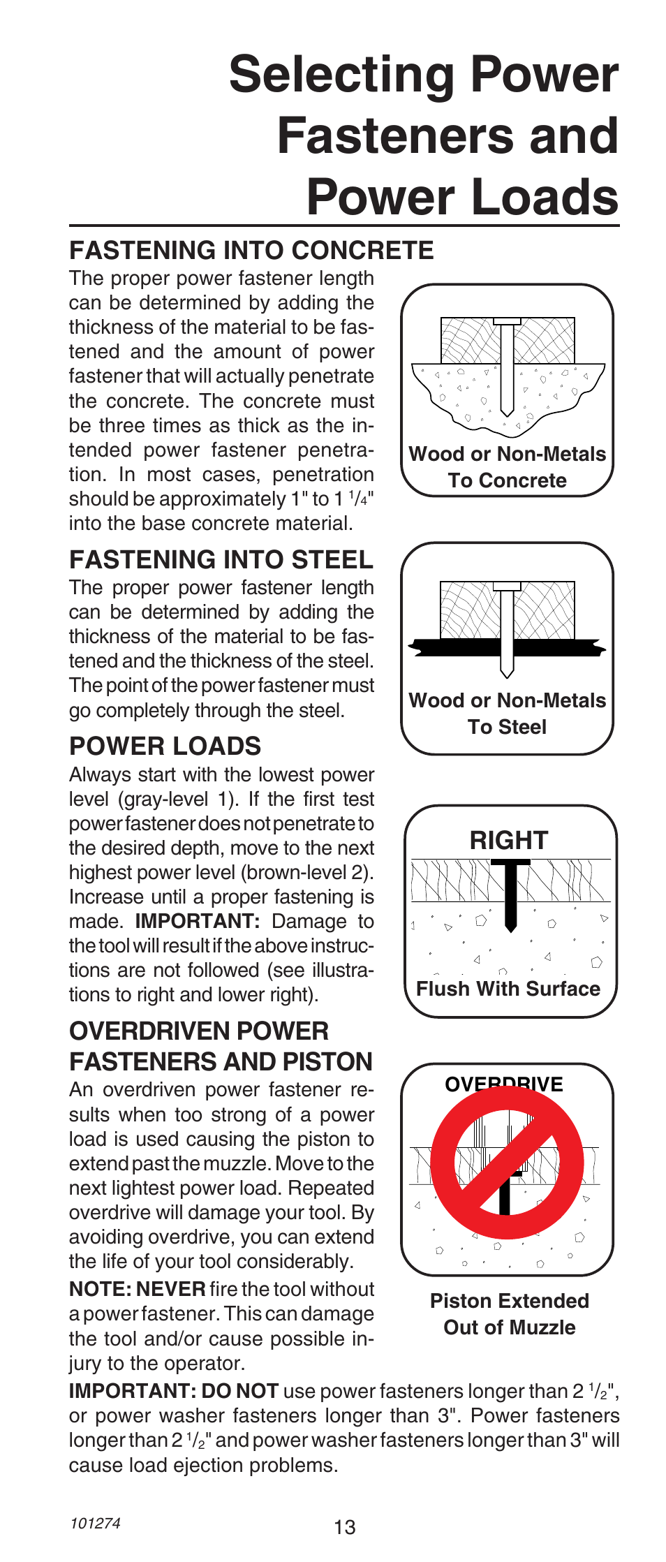 Selecting power fasteners and power loads, Fastening into concrete, Fastening into steel | Power loads, Overdriven power fasteners and piston, Right | Remington 490 User Manual | Page 13 / 80