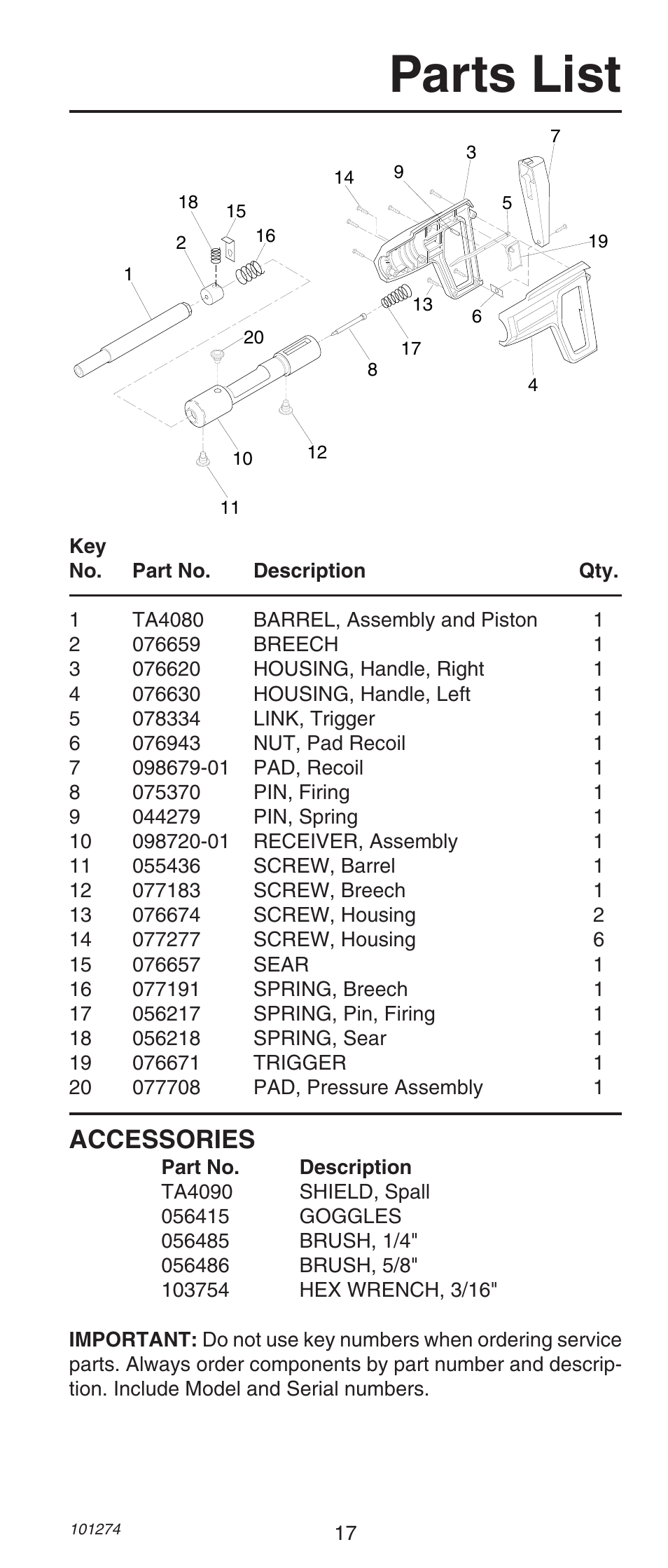 Parts list, Accessories | Remington 490 User Manual | Page 17 / 80