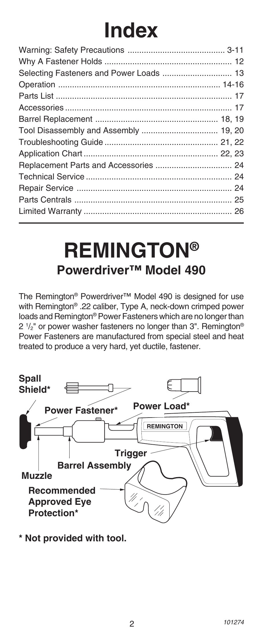 Index, Remington, Powerdriver™ model 490 | Remington 490 User Manual | Page 2 / 80