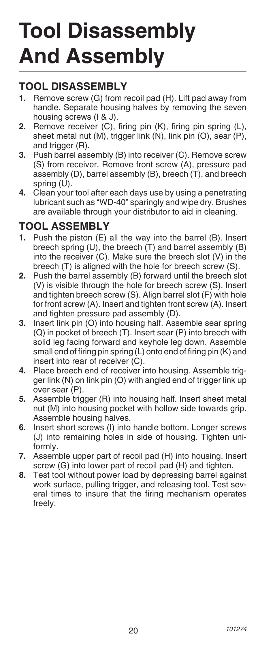 Tool disassembly and assembly, Tool disassembly, Tool assembly | Remington 490 User Manual | Page 20 / 80