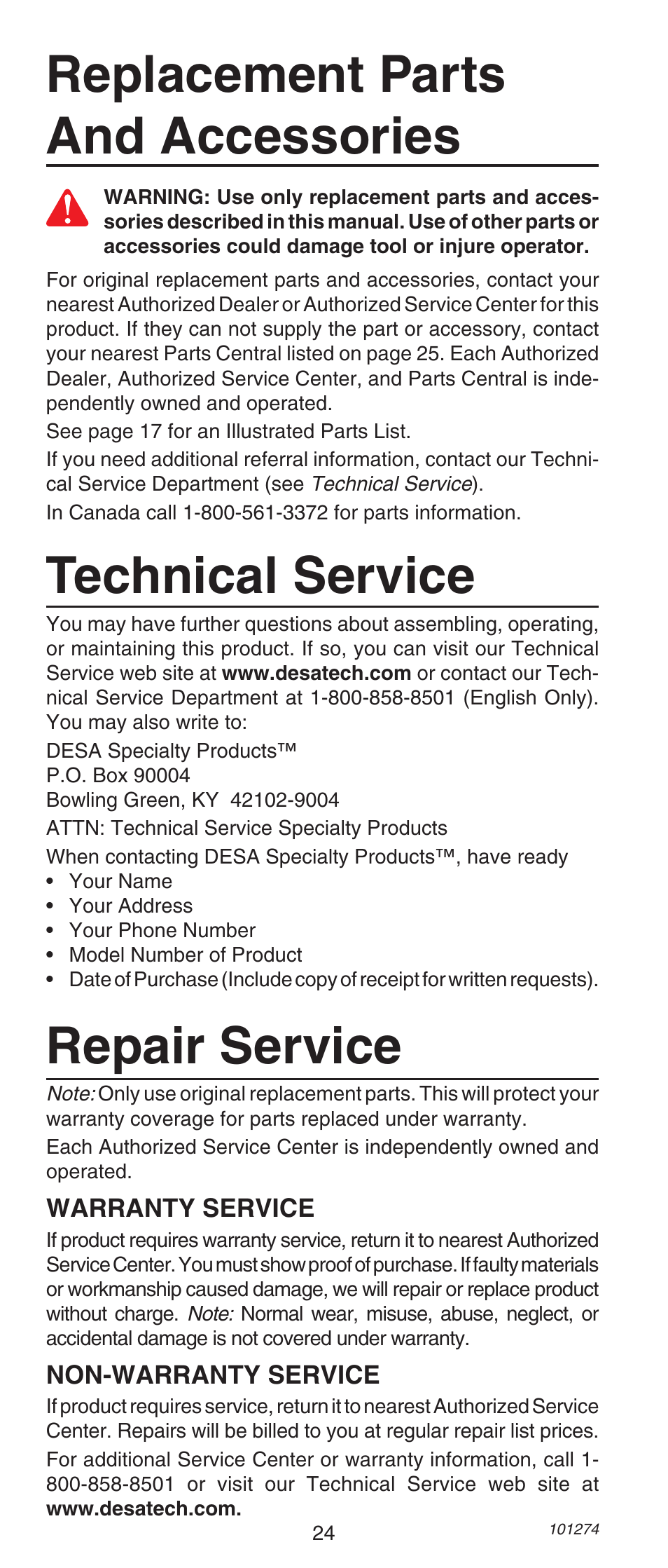 Technical service, Replacement parts and accessories repair service | Remington 490 User Manual | Page 24 / 80